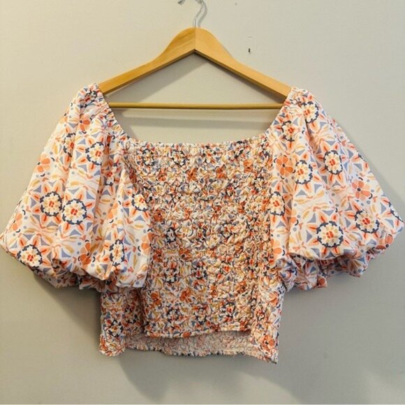 Anthropologie Dolan Orange Motif Off-Shoulder Textured Top Size Large Smocked - Picture 6 of 12